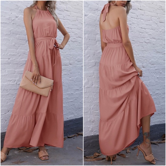 boho Black tiered ruffle belted halter maxi dress - Picture 5 of 8